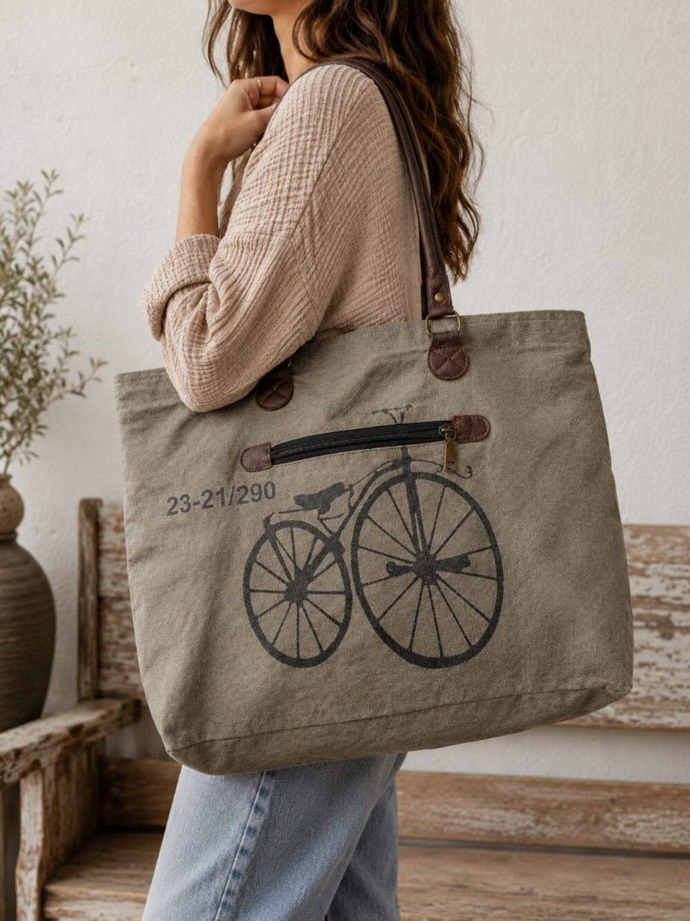 Mona B Canvas Tote Bag Bicycle Print Upcycled Leather Handles Large Shopper